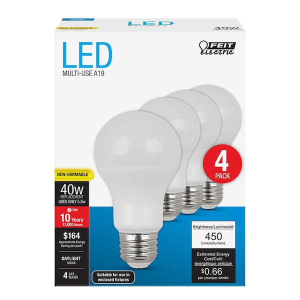 Feit Electric Feit A19 E26 (Medium) LED Bulb Daylight 40 Watt Equivalence 4 pk A45085010KLED/4 - main